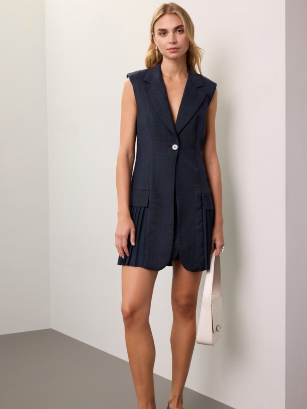 Sandro |Carine Sleeveless Pleated Blazer Mini Dress | Navy | Size 40 US 8–10 / L